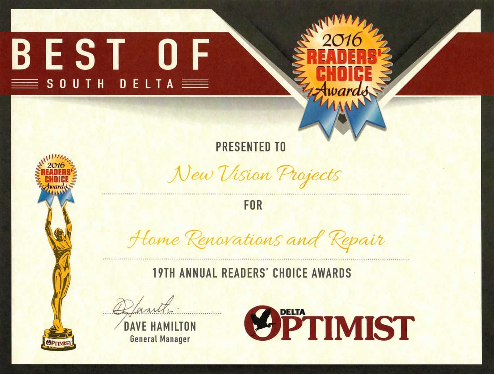 2016 Delta Optimist Readers Choice Awards – Best Home Renovations and Repair